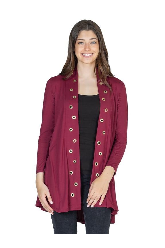 24seven Comfort Apparel Womens Long Sleeve Mid Thigh Open Front Cardigan with Grommet Details-R006386-WINE-M