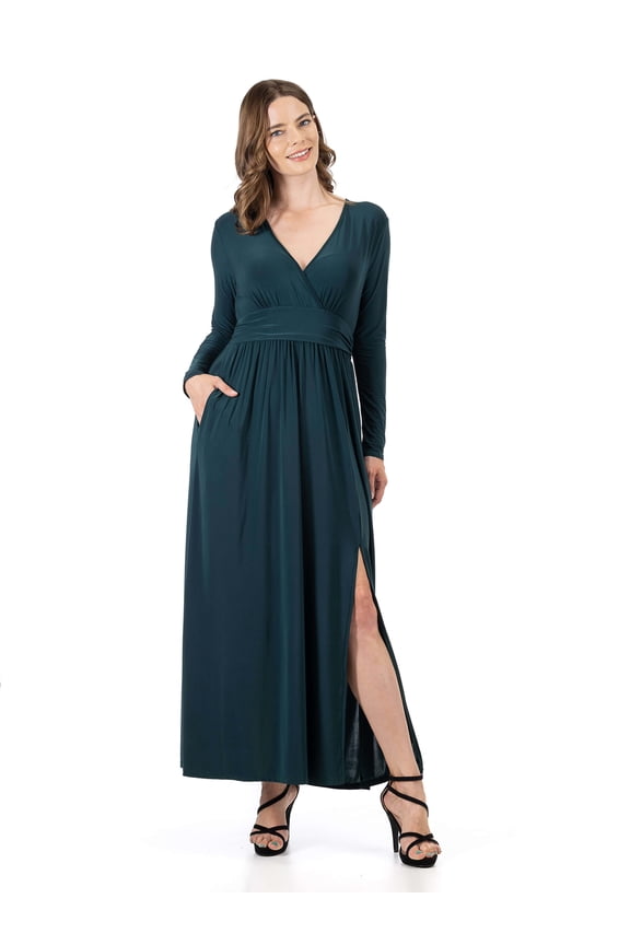 24seven Comfort Apparel Womens Long Sleeve V Neck Side Slit Maxi Dress-R0066299-HUNT-S