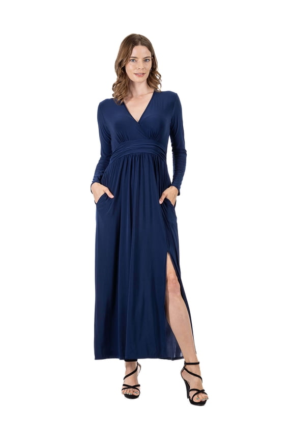 24seven Comfort Apparel Womens Long Sleeve V Neck Side Slit Maxi Dress-R0066299-NAVY-M