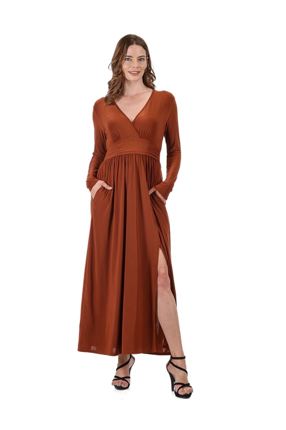 24seven Comfort Apparel Womens Long Sleeve V Neck Side Slit Maxi Dress-R0066299-TOBA-L