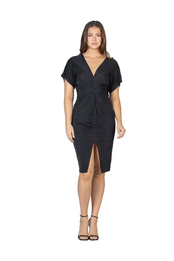 24seven Comfort Apparel Womens Short Sleeve V Neck Twist Front Split Hem Dress-R0066306-BLAC-XL