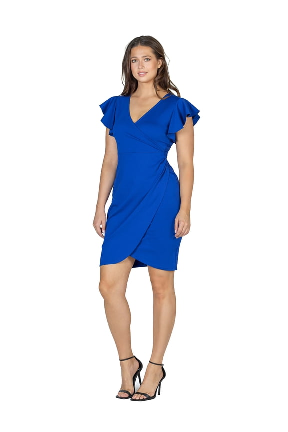 24seven Comfort Apparel Womens V Neck Ruffle Sleeve Knee Length Dress-R0066303-ROYA-1X