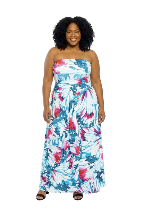 Elevate Curvy Abstract Print A Line Strapless Pocket Maxi Dress