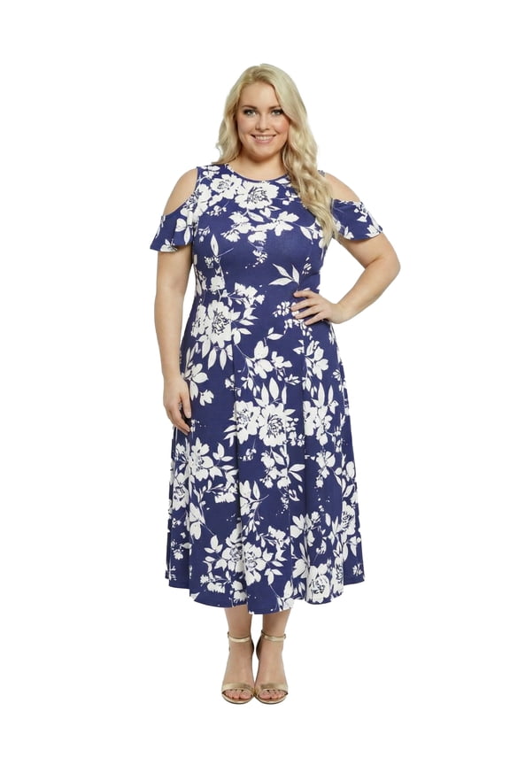 Elevate Curvy Floral Print Ruffle Sleeve Cold Shoulder A Line Maxi Dress