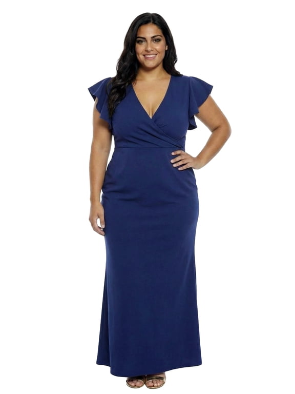 Elevate Curvy V Neck Ruffle Sleeve Faux Wrap Maxi Dress