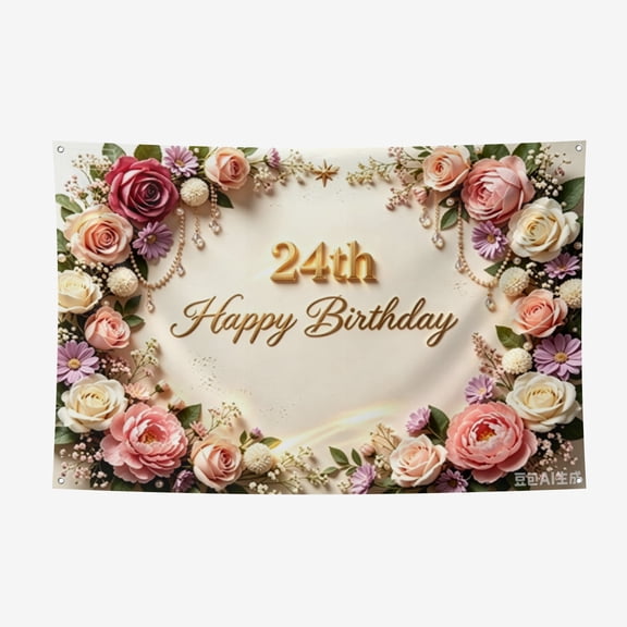 24th Birthday Banner Decorations for Women Pink Roses Floral Happy 24th Birthday Banner Backdrop Sign for 24 Years Old Anniversary Party Home Wall Outdoor Indoor Photo Booth Background Supplies