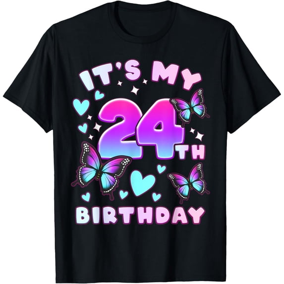 24th Birthday, Girl 24 years, Butterflies and Number 24 T-ShirtMen and women, Black T-shirt, size: Extra large