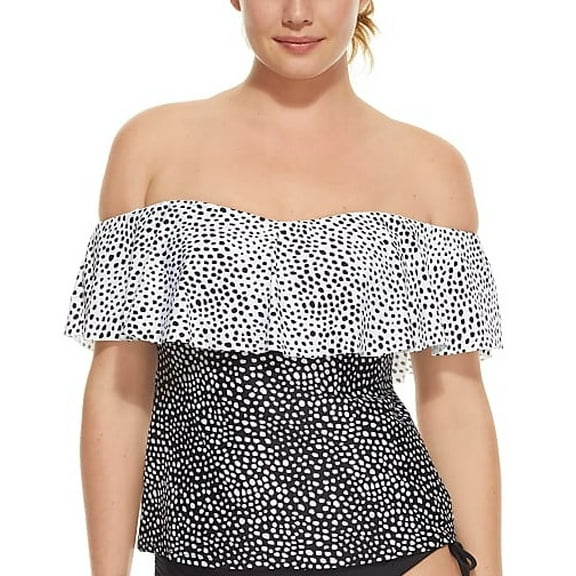 24th & Ocean BLACK/WHITE Vacation Spot Flounce Tankini Top, US Small NWOT