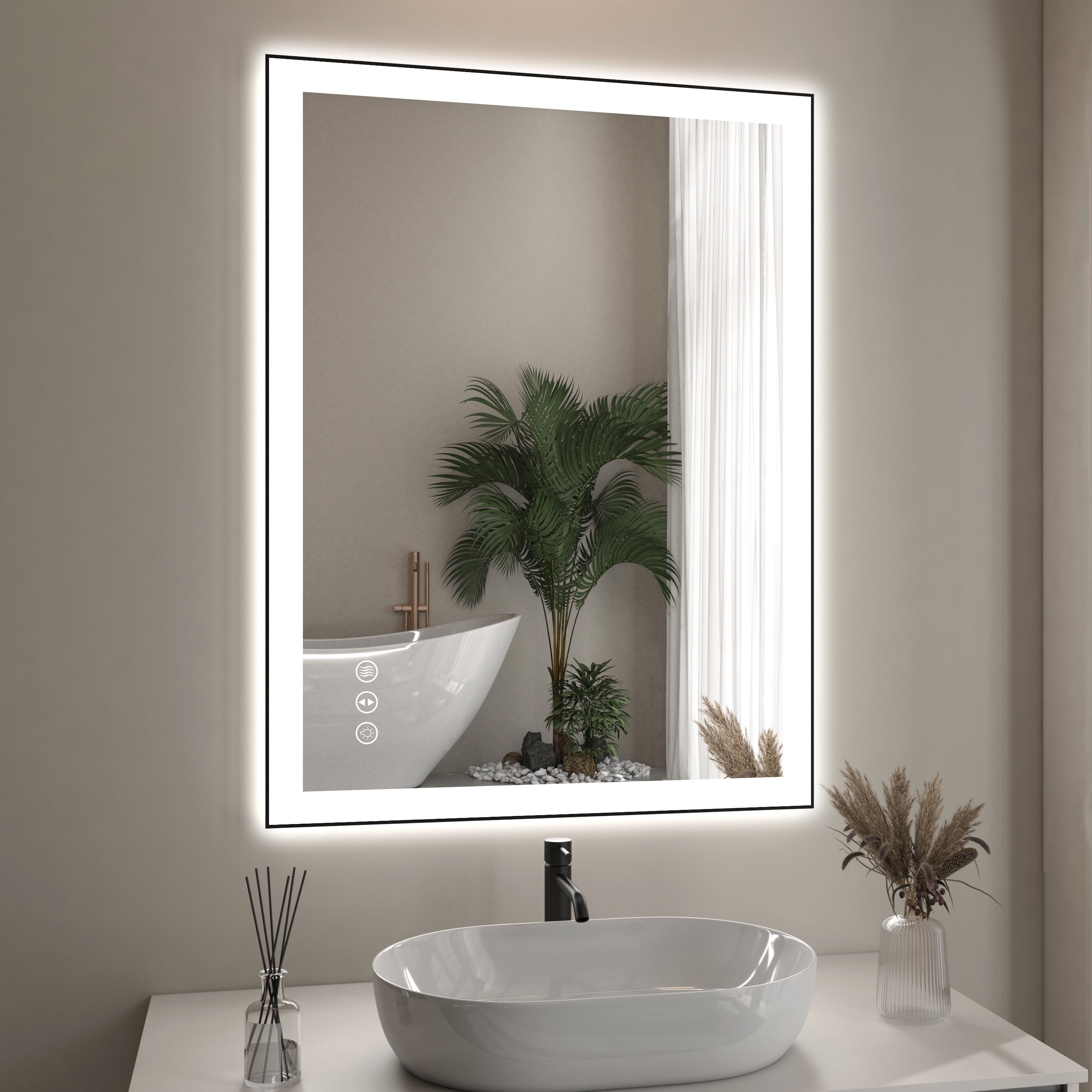 24x32 Inch Black Aluminum LED Vanity Mirror with Anti-Fog
