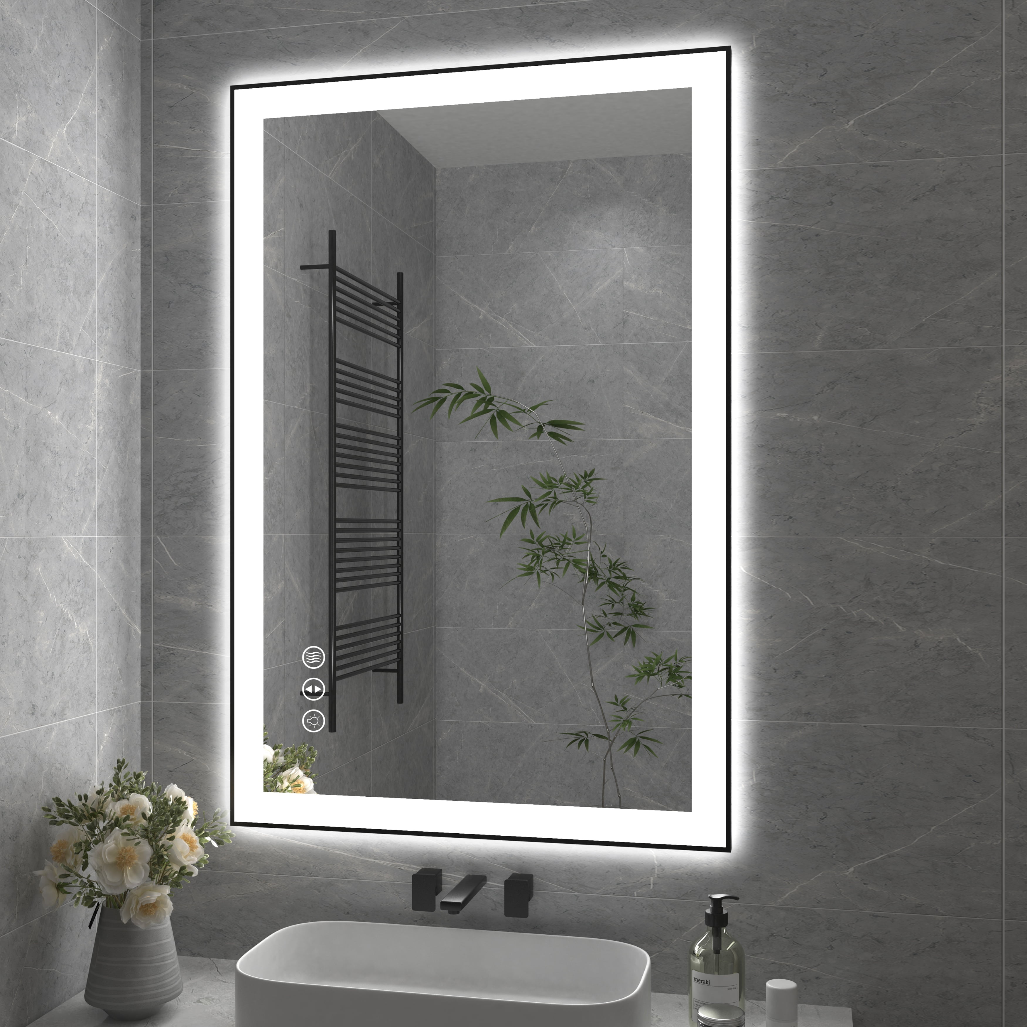 24x36 Inch Black Aluminum LED Vanity Mirror with Anti-Fog