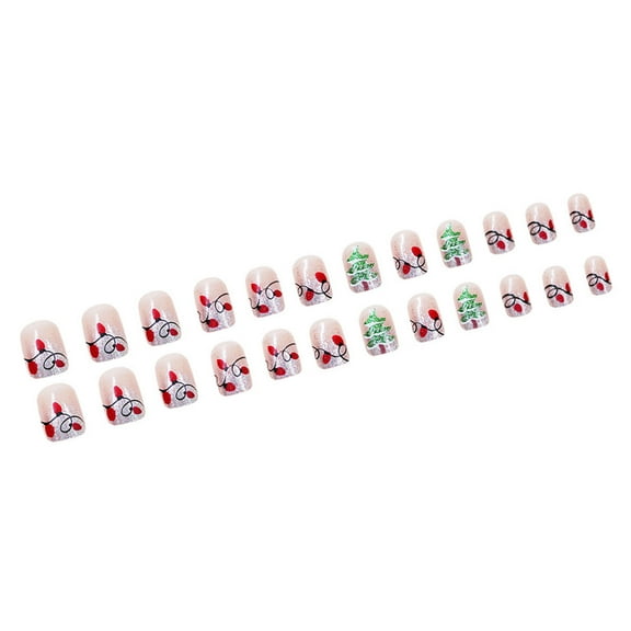 24x/Box Christmas Tree False Nails Glittering Full Covers on Nails Short Square Press On Nails Manicures Supplies