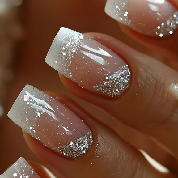 24x/Box French Tip False Nails Mediums Square Press On Nails Sparkling Full Covers Stick on Nails Manicures Supplies