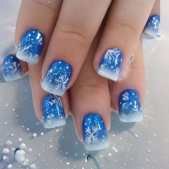 24x Christmas Full Covers on Nails Snowflake Press On Nails Short Square False Nails Artificial Nails for Winter