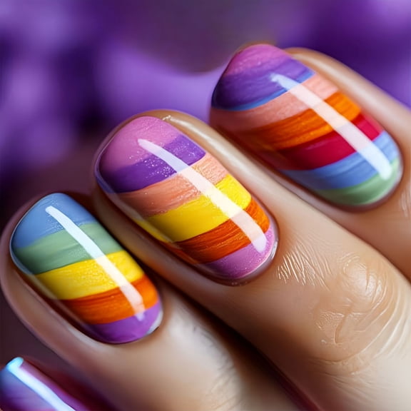 24x Colorful Stripes False Nails Rainbow Artificial Nails Glossy on Nails Mediums Square