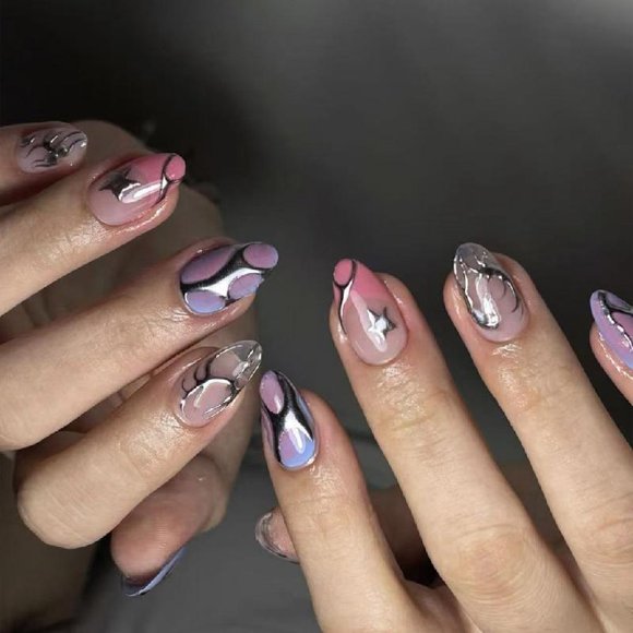 24x French Tip Press On Nails Short Oval False Nails Silver Stripes Acrylic Nails Gradients Full Covers Stick On Nails
