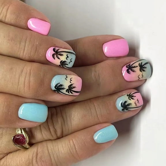 24x Gradients Artificial Nails Short Square Full Covers False Nails Glossy Stick on Nails Coconuts Tree Press On Nails