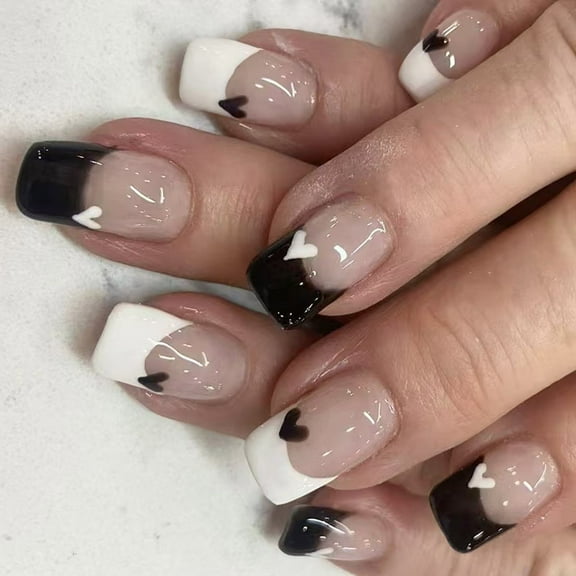 24x Mediums Square False Nails Black White Heart Acrylic Nails Valentines Day Press On Nails French Tip on Nails