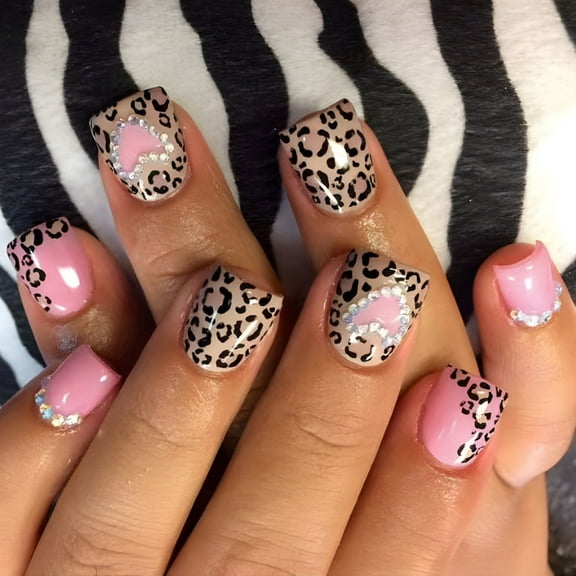 24 Pcs Valentines Day Stick On Nails Rhinestones Press On Nails Leopards Heart Acrylic Nails Short Square Nails Tips