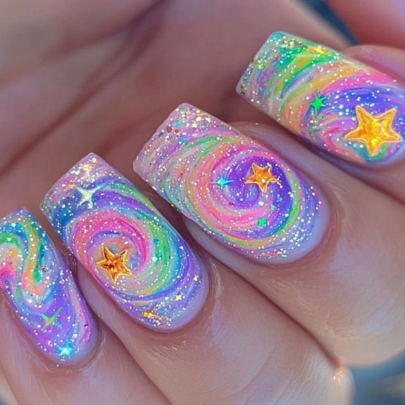 24x Long Stick On Nail Stars Press On Nail Gradient False Nail for Party