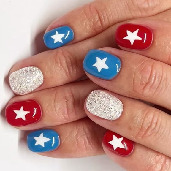 24x Short Round False Nail Star Press On Nail Independence Day Artificial Nail