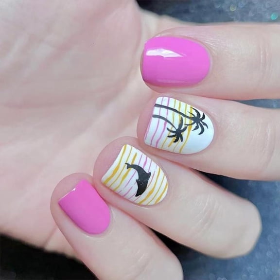 24x Short Square False Nail Coconut Tree Artificial Nail Glossy Press On Nail