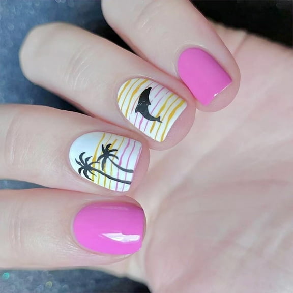 24x Short Square False Nails Coconut Tree Press On Nails Dolphin Acrylic Nails Full Covers Stick on Nails for Woman