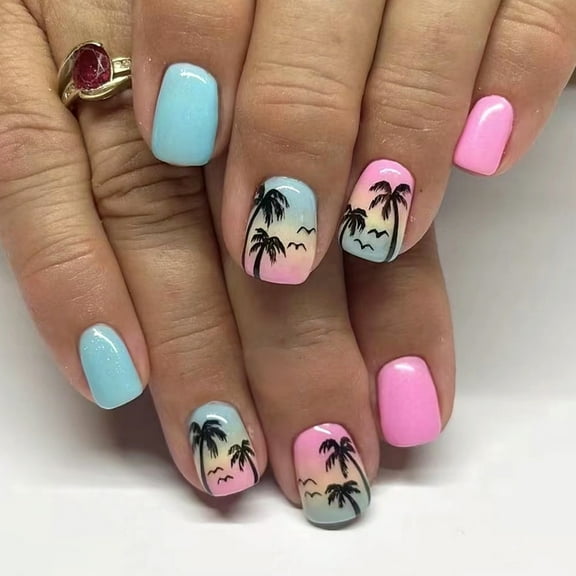 24x Short Square Press On Nail Gradient Acrylic False Nail Glossy Artificial Nail Coconut Tree Stick on Nail for Party
