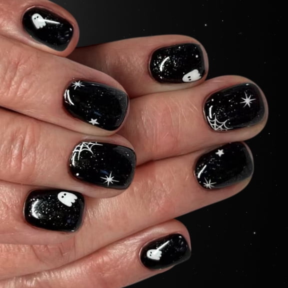 24x Spiders Web Press On Nail Full Cover Stick on Nail Short Square False Nail