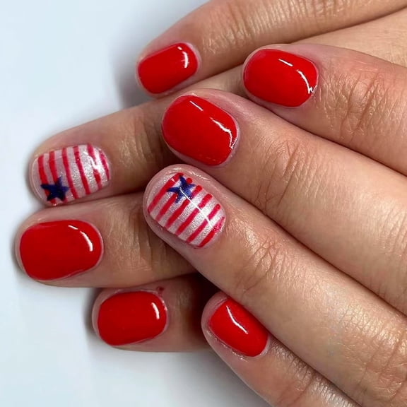 24x Star Artificial Nails Short Oval Full Covers False Nails 4th of July on Nails Independence Day