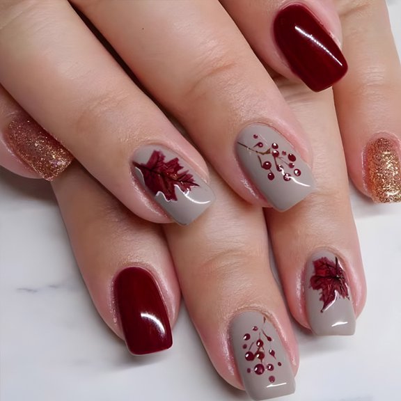 24x Thanksgiving Nails Full Covers on Nails Fall Artificial Nails Short Maple Leaves False Nails