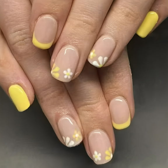 24x Yellow French Tip Full Covers False Nails Flowers Press On Nails Short Square On Nails Acrylic Nails for Daily