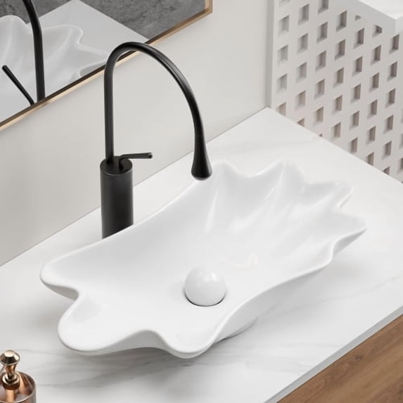 24x13 Inch Shell Shape Above Counter Bathroom Vessel Sink, White Ceramic Vanity Bowl, 3D Ocean-Inspired Design, Pre-Installed Drain, No Faucet Hole