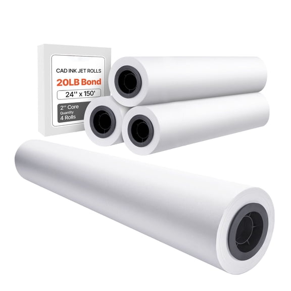 24x150ft Plotter Paper - 4 Rolls CAD Bond Paper, 20LB, 2" Core - for Engineering, Architectural Designs, GIS Maps & Drawings