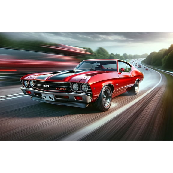 24x15in Super Sport Muscle car SS 396 speeding on a highway muscle car in action 【Photo Paper】