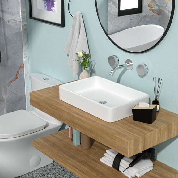 24x16 Inch Ceramic Sink - Smooth Surface - Bathroom Counter Setup - Classic Contemporary Design