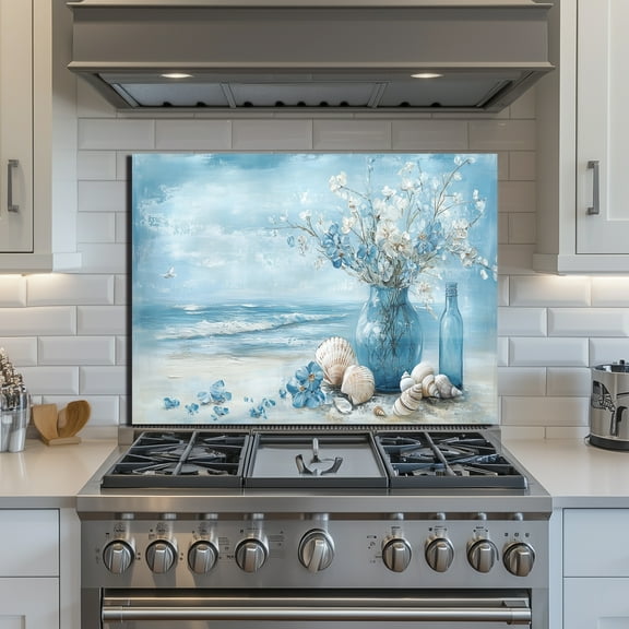 24x16 Inch Flowers Print Tempered Glass Splash Guard - Waterproof Kitchen Backsplash, Heat Resistant Coastal Wall Art Decor