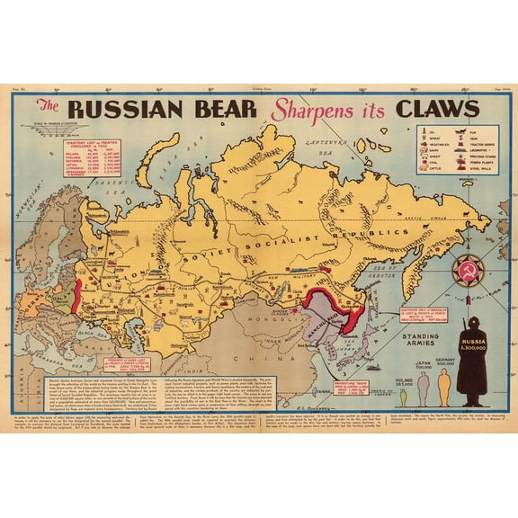 24x16in Laminated The Russian Bear Poster Sharpens its Claws vintage map from New York Sunday News 1938