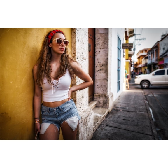 24x16in Photo Paper Hot Girl Colombia Sunglasses Yellow Braless Urban