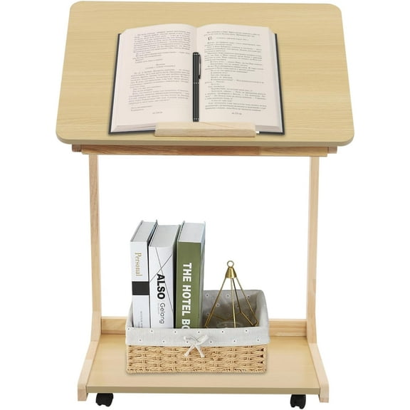 24x16x25 inch Rolling C Shaped Table with Wheels, Solid Wood Couch Table, 0°-40° Desktop Angle Adjustable Narrow End Table for Living Room,Bedroom (Wood Color)