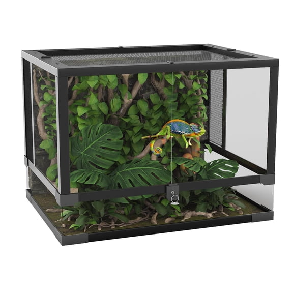 24x18x18 Inch Front Opening Reptile Terrarium, Glass Habitat Tank with Mesh Top & Lock, Vertical Arboreal Enclosure for Spiders Frogs Geckos Small Reptiles, Black