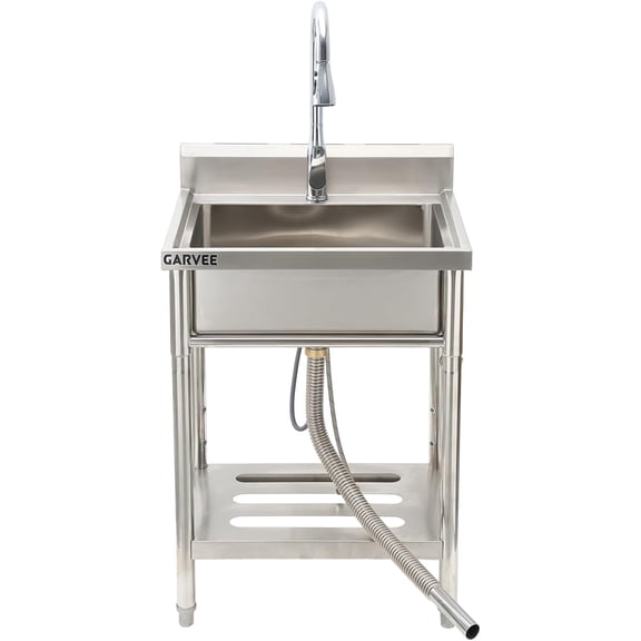 24x21x36 In Freestanding Stainless Steel Utility Sink Single Bowl Laundry Sink with Pull-Out Faucet Storage Shelf and Backsplash