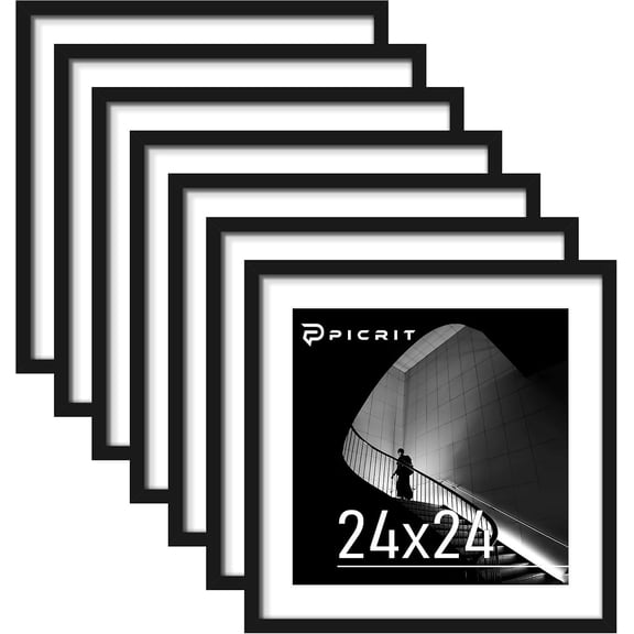 24x24 Black Poster Frame 7 Pack, Display Pictures 20 x 20 Picture with Mat or 24 x 24 without Mat for Horizontal or Vertical Wall Mounting, Wall Gallery Photo Frames