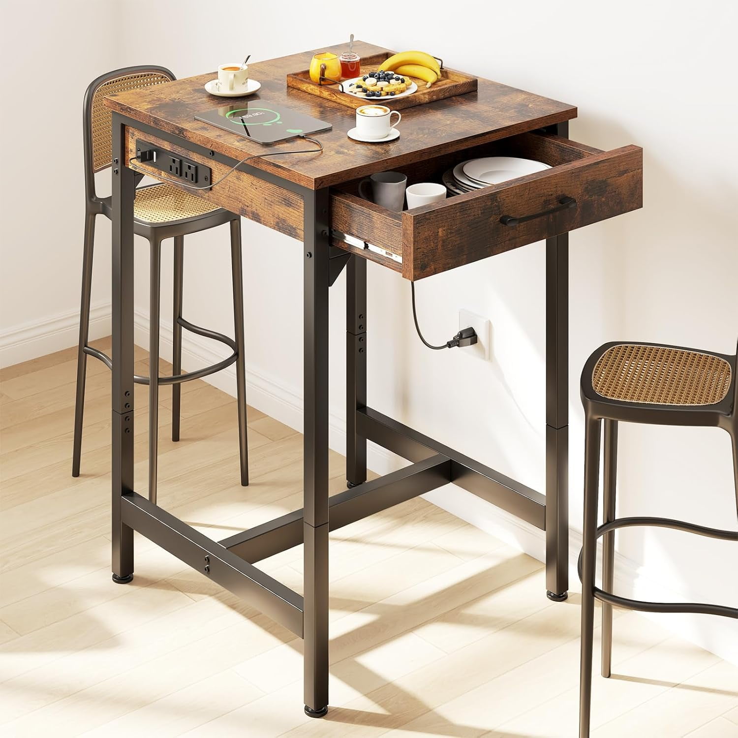 Vintage Tall Pub Table 24x24 Inch Bar Table With Power Outlets