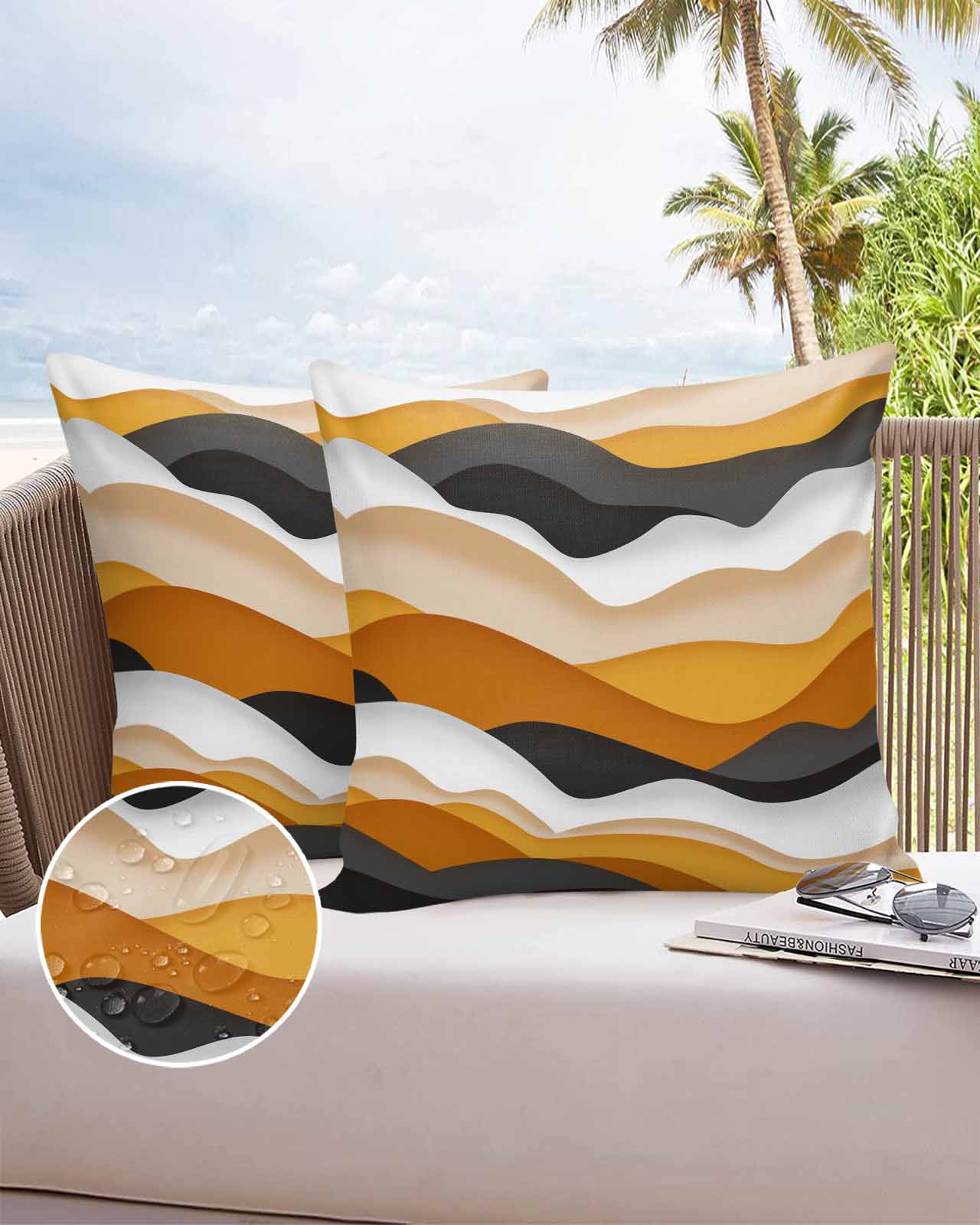 24x24 Outdoor Pillow Covers Set of 2 Orange Gray Ocean Waves Outdoor