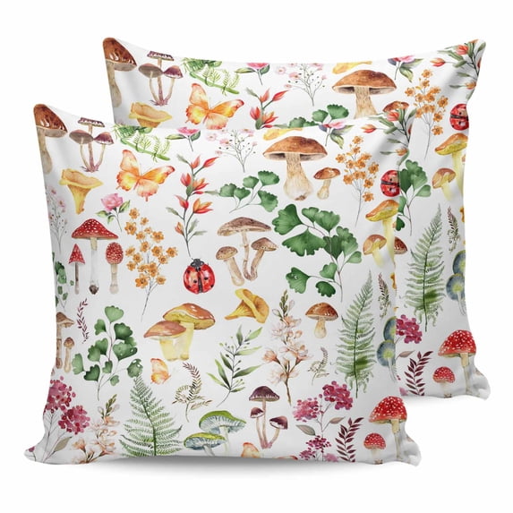 24x24 Pillow Covers Set of 2, Mushrooms Ferns Throw Pillow Covers Decorative Couch Cushion Case, Watercolor Forest Floral Botanical Spring Microfiber Square Pillowcases for Bedroom Car Living Room