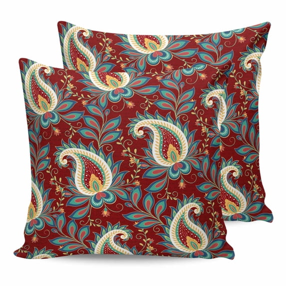 24x24 Pillow Covers Set of 2, Red Boho Botanical Throw Pillow Covers Decorative Couch Cushion Case, Southwestern Retro Leaves Ethnic Tribal Microfiber Square Pillowcases for Bedroom Car Living Room