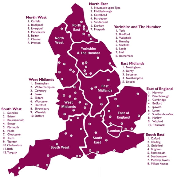 24x24in Laminated England Regions Poster Countries of the World Maps Map