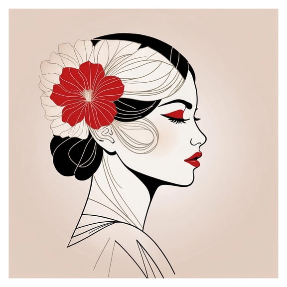 24x24in Modern Abstract Women Face profile red lips Minimalist Line Boho Botanical Flower Aesthetic Contemporary 【Photo Paper】