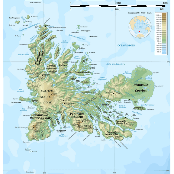 24x24in Topographic map-fr of the Kerguelen Islands, Indian Ocean, France. 【Laminated】