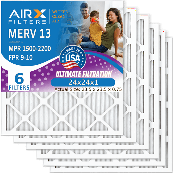 24x24x1 Air Filter MERV 13 Comparable to MPR 1500 - 2200 & FPR 9 Electrostatic Pleated Air Conditioner Filter 6 Pack HVAC AC Premium USA Made 24x24x1 Furnace Filters by AIRX FILTERS WICKED CLEAN AIR.